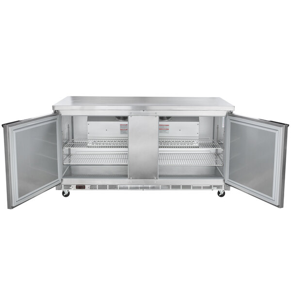 A Beverage-Air stainless steel worktop refrigerator with two doors.