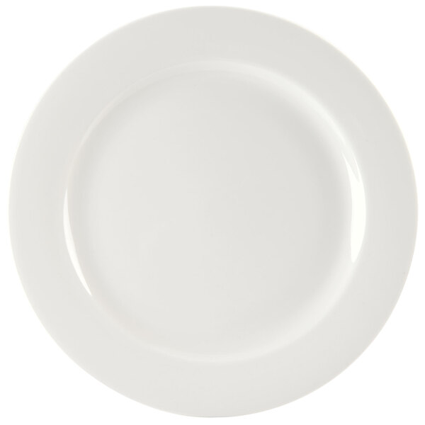 A Homer Laughlin Pristine Ameriwhite china plate with a white rim.