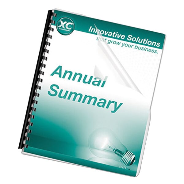 A close-up of a clear Fellowes presentation cover with round corners on a white background.