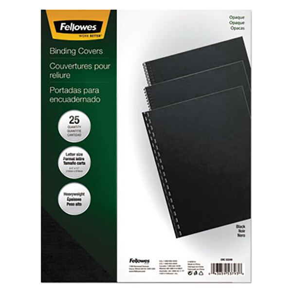 A pack of 25 Fellowes black business binding covers with square corners.