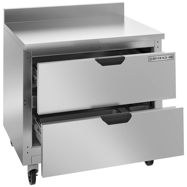 A stainless steel Beverage-Air worktop refrigerator cabinet with two drawers.