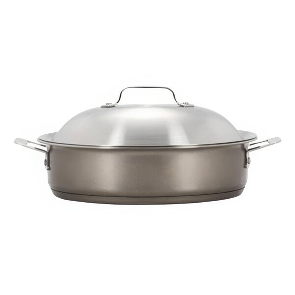 A Bon Chef stainless steel round braising pot with lid.