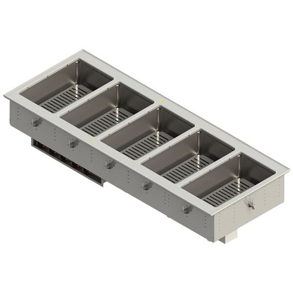 A stainless steel rectangular Vollrath drop-in hot food well with 5 compartments.