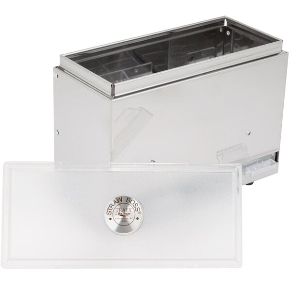 A rectangular stainless steel box with a clear cover filled with straws.