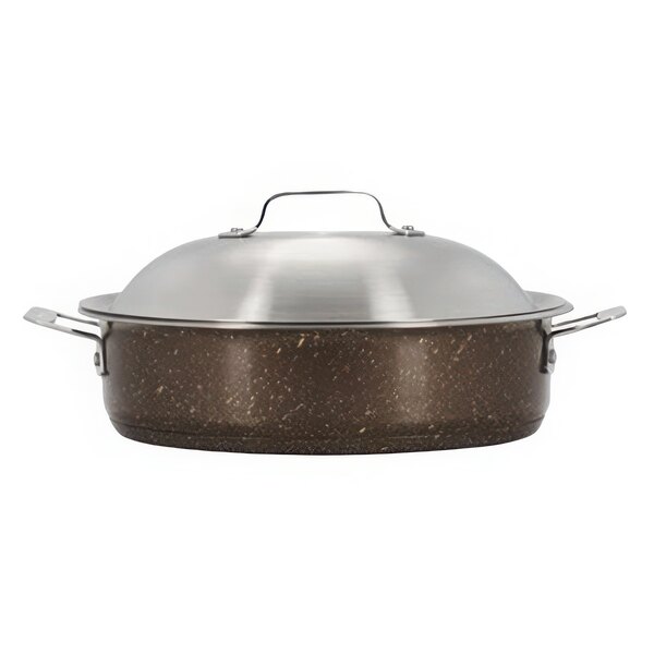 A Bon Chef stainless steel round saute pan with a lid and handle.