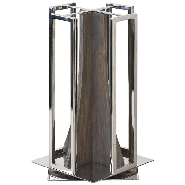 A Cal-Mil wood and chrome cup and lid organizer on a metal and wood stand.