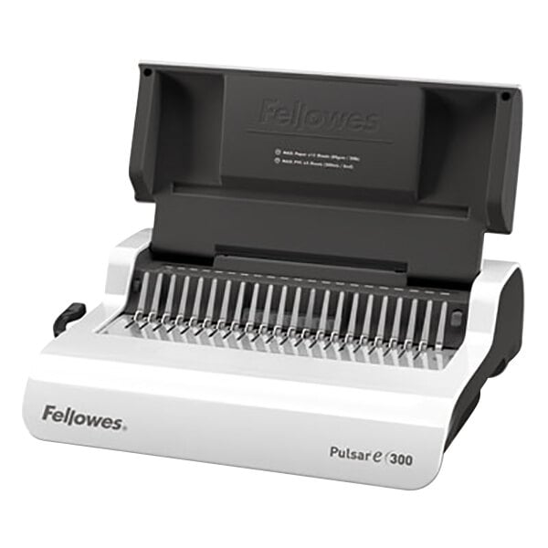 A white Fellowes Pulsar E 300 electric comb binding machine.