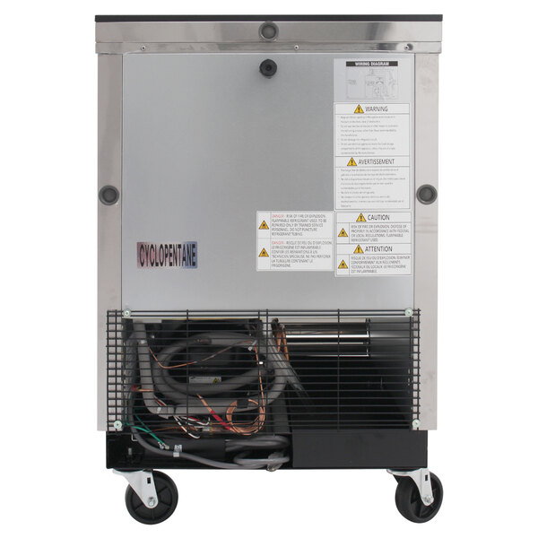 A Turbo Air stainless steel bottle cooler with wheels.