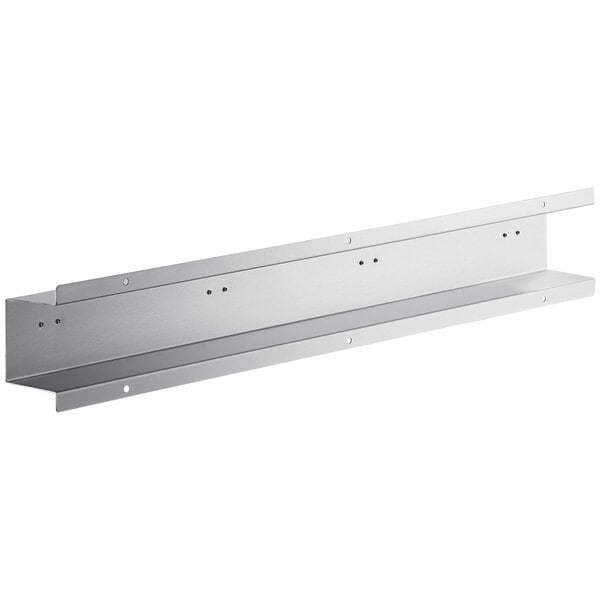 A Regency stainless steel mop and broom rack with holders on a metal plate.