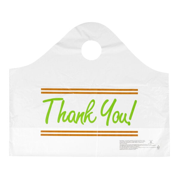 A white plastic bag with a wave-shaped handle and a circular cutout, featuring the words 'Thank You!' in green text between two sets of orange lines.