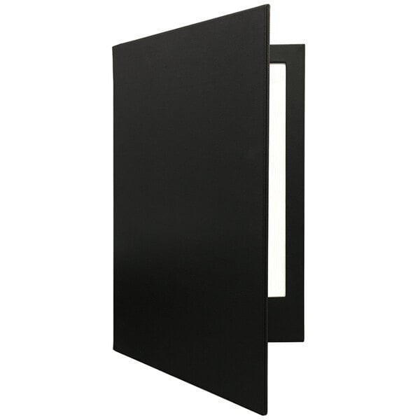 A black folder with a white cover on the inside.