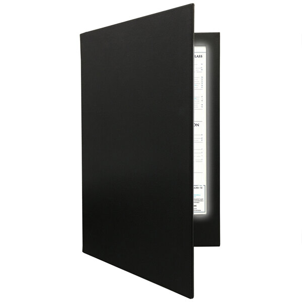 A black folder with a white cover open to two pages.