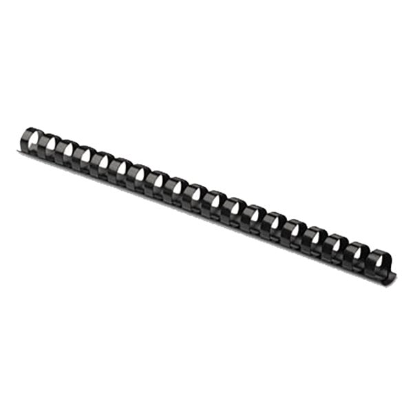 A black plastic spiral binder with holes.