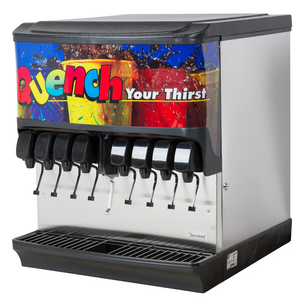 A white Servend countertop soda fountain machine with a colorful logo.