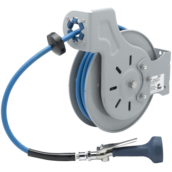 A T&amp;S steel hose reel with a blue and white hose attached to it.
