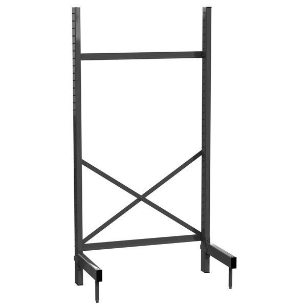 A black metal frame for a Metro SmartLever shelving unit with x legs.