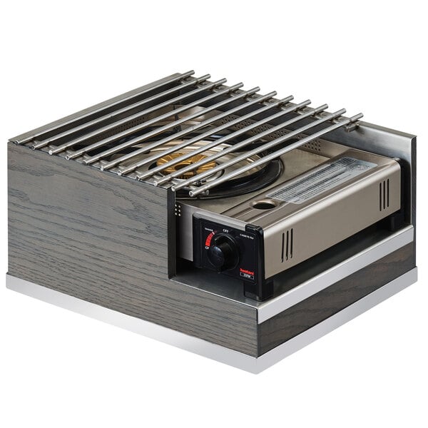 An Ashwood gray oak wood Cal-Mil butane burner frame on a stove with a grill.