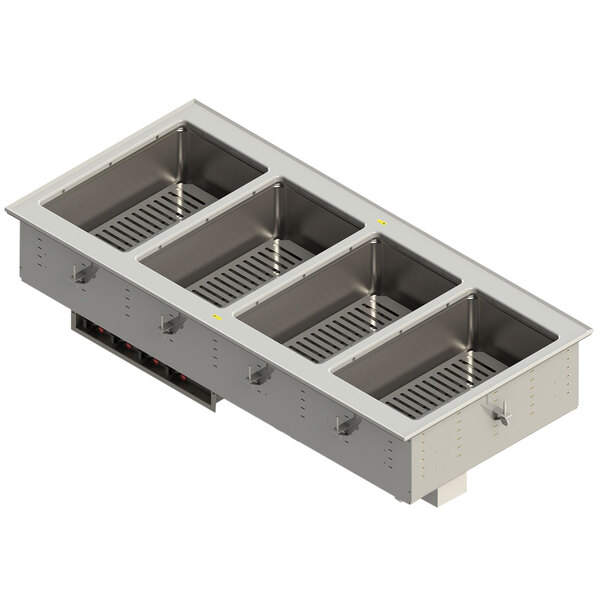A large stainless steel drop-in hot food well with four compartments.