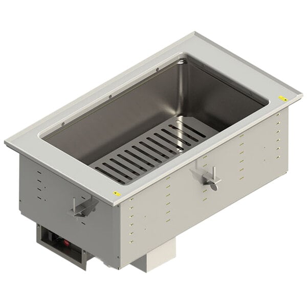 A rectangular stainless steel container with a lid and a drain.