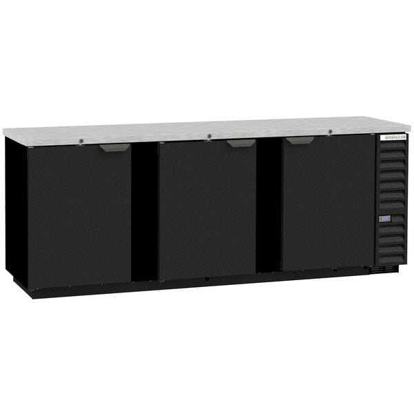 A black Beverage-Air back bar refrigerator with three doors.