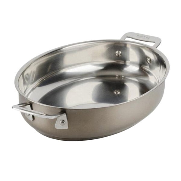 A Bon Chef stainless steel oval au gratin dish with handles.