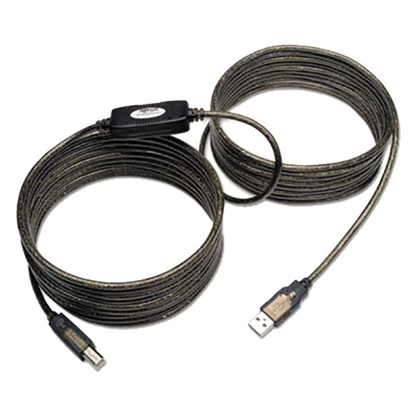 A pair of black Tripp Lite USB 2.0 repeater cables with a USB connector.