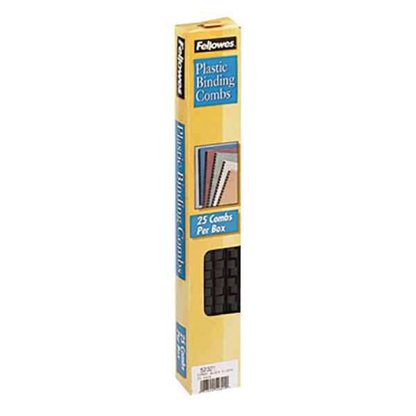 A yellow box of Fellowes black plastic binding combs on a white background.