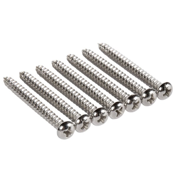 A group of stainless steel screws on a white background.