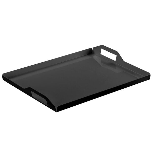 A black rectangular Cal-Mil room service tray with handles.