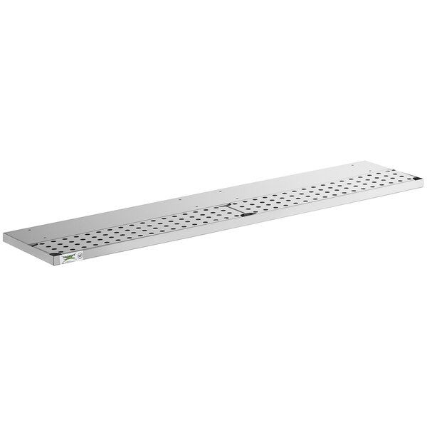 A long metal shelf with holes on it.