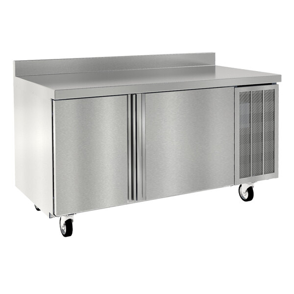 A stainless steel worktop refrigerator with two doors, a backsplash, ventilation grilles on the right side, and four caster wheels.