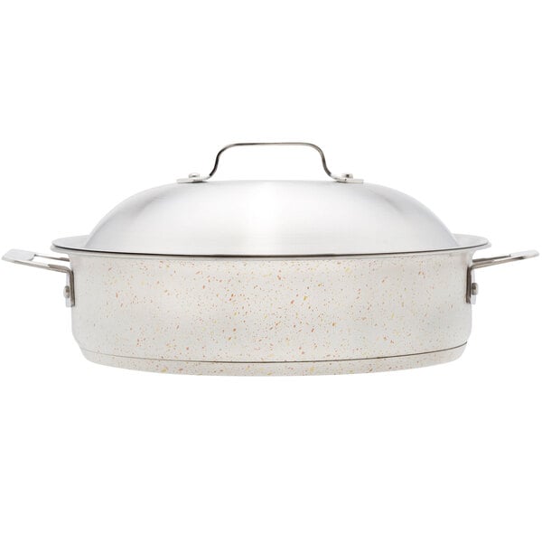 A Bon Chef stainless steel round saute pan with a lid.