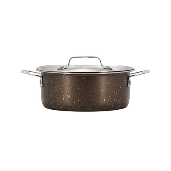 A Bon Chef stainless steel sauce pot with a lid.