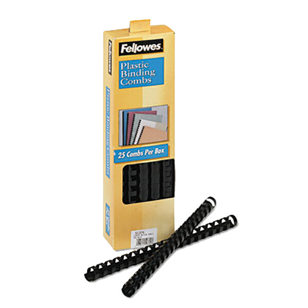A yellow box of Fellowes black plastic binding combs.