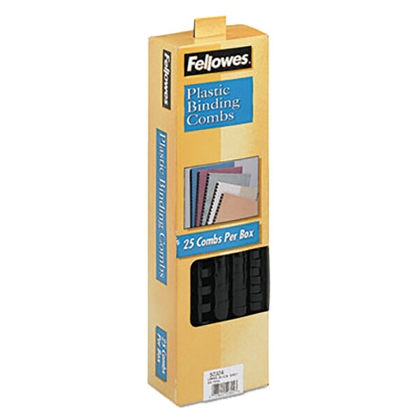 A yellow box of Fellowes black plastic binding combs with different colored papers.