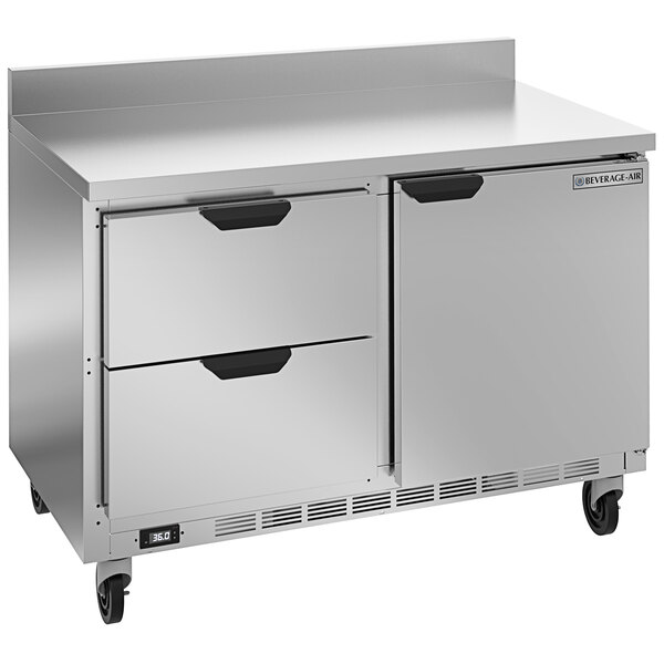 A Beverage-Air stainless steel worktop refrigerator with 2 drawers.