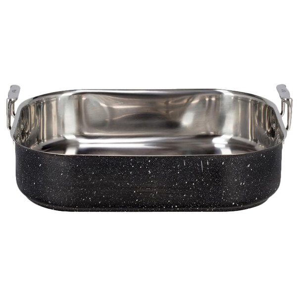 A stainless steel Bon Chef roasting pan with black metal handles.