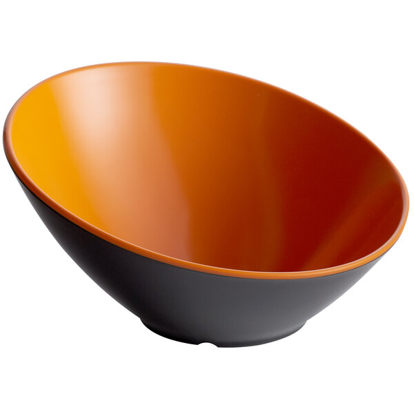 A GET Brasilia melamine bowl with an orange rim and black slanted sides.