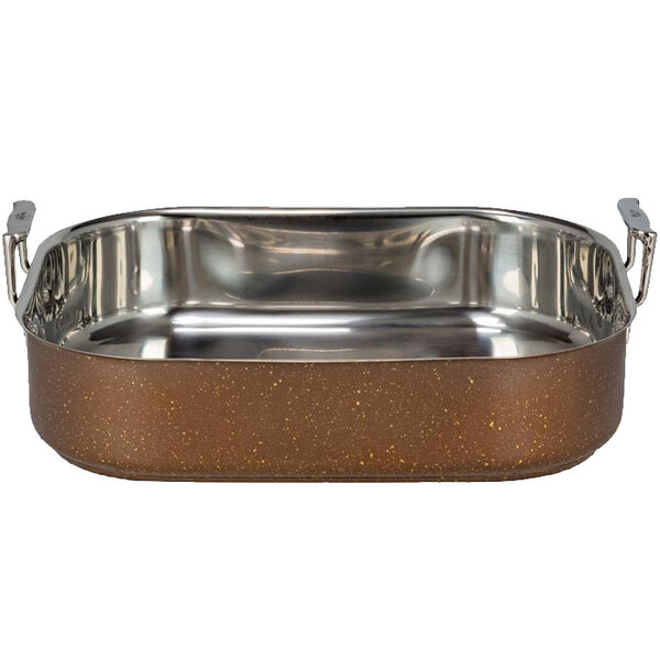A Bon Chef stainless steel rectangular roasting pan with brown handles.
