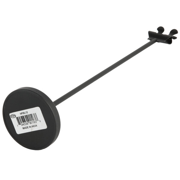 An American Metalcraft black metal harp card holder with a weighted base.