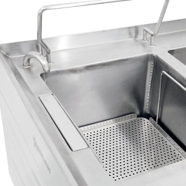 A stainless steel Omcan countertop pasta cooker with two tanks.