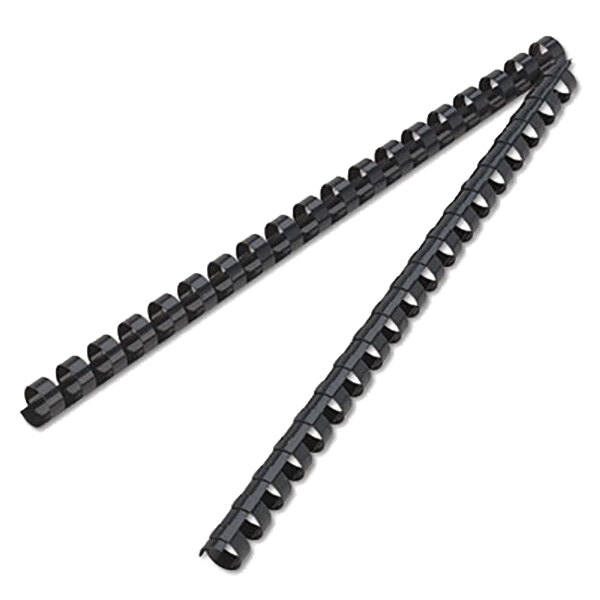 A navy blue plastic spiral binding comb with two black rods and two holes on each.