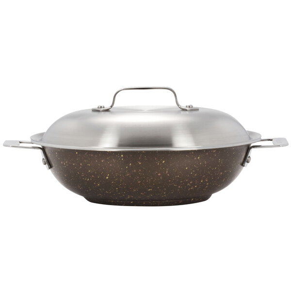 A Bon Chef stainless steel brazier pan with a brown lid.