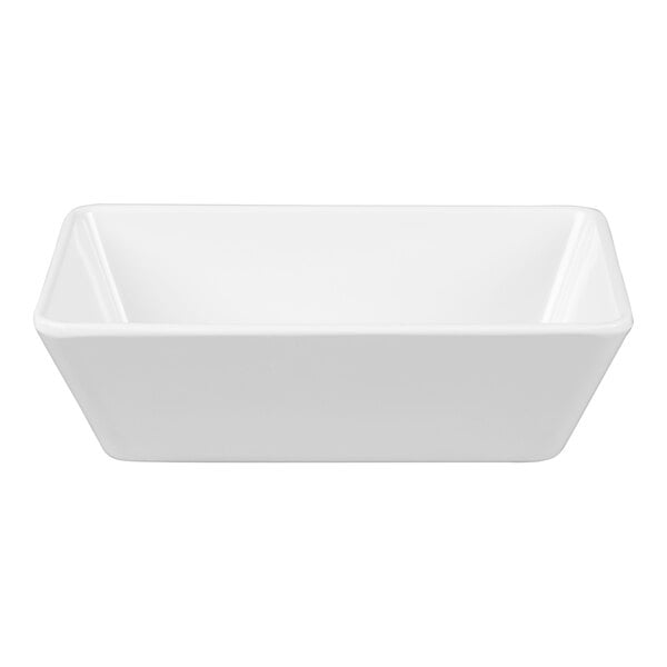A white rectangular bowl with a rounded edge.