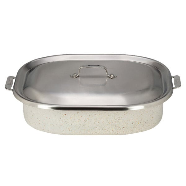 A Bon Chef stainless steel roasting pan with a lid.