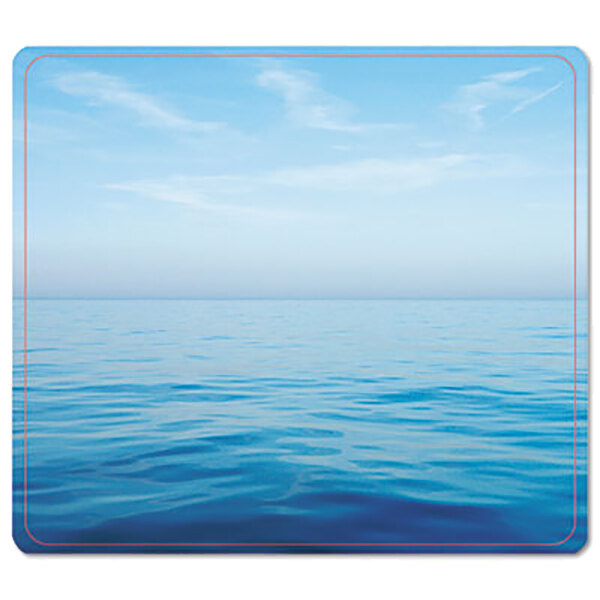 A Fellowes blue ocean mouse pad with a blue sky and white clouds.