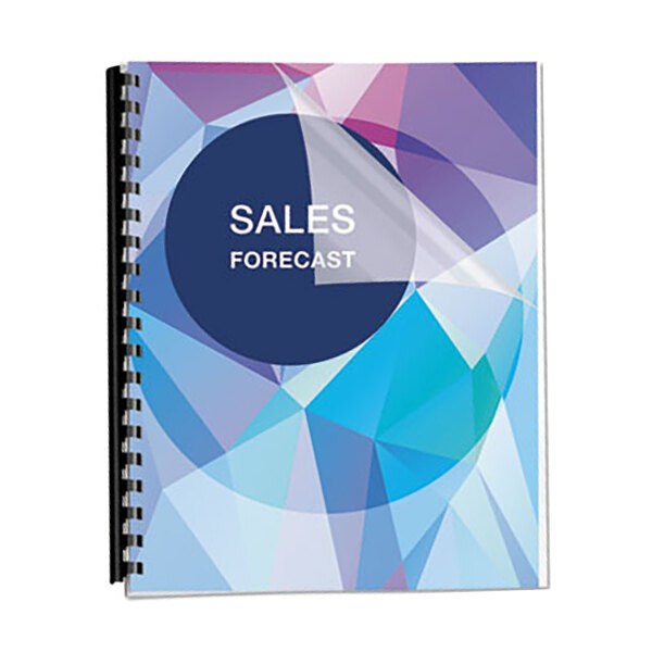 A spiral bound Fellowes clear PET binding cover on a spiral notebook with a colorful design.