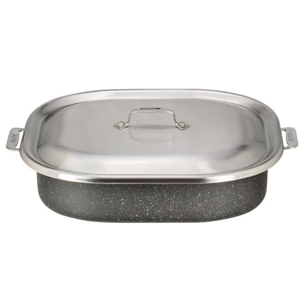 A Bon Chef stainless steel roasting pan with a lid.