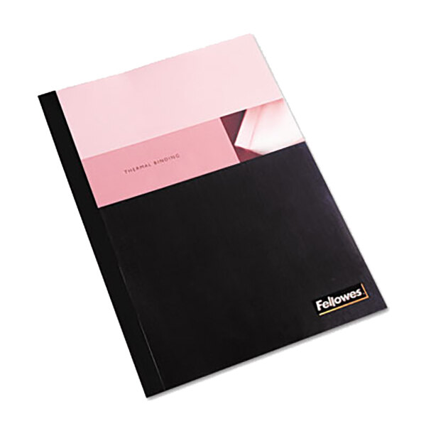 A pink and black box of Fellowes thermal binding covers with a white label.