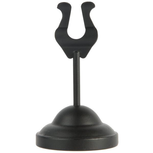 An American Metalcraft black metal harp table card holder with a weighted base.